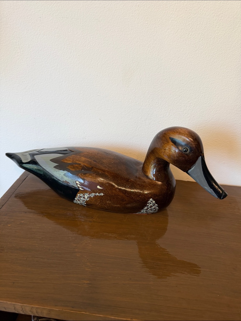 Hand Carved Brown Wooden Duck Sculpture - Decorative Home Art